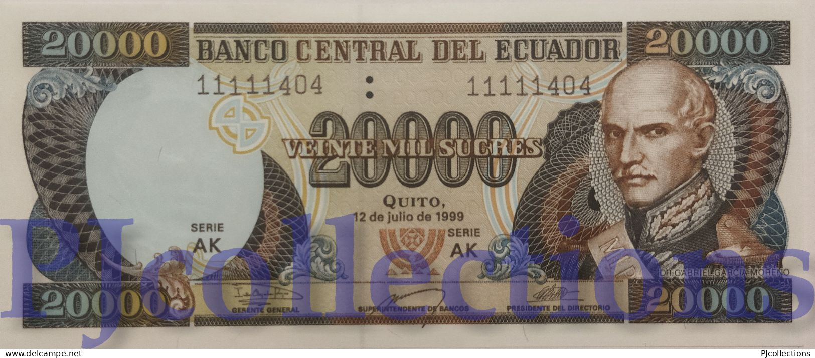 ECUADOR 20000 SUCRES 1999 PICK 129f UNC GOOD SERIAL NUMBER "11111404" - Ecuador