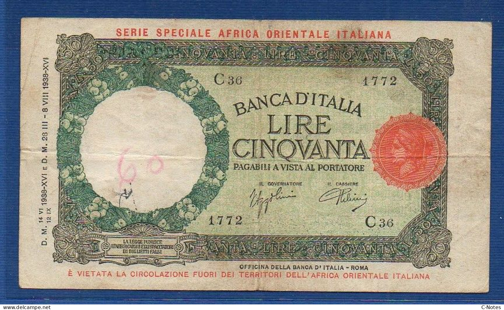 ITALIAN EAST AFRICA - P.1a – 50 Lire 14.06/12.09.1938 F+, S/n C36 1772 - Italienisch Ostafrika