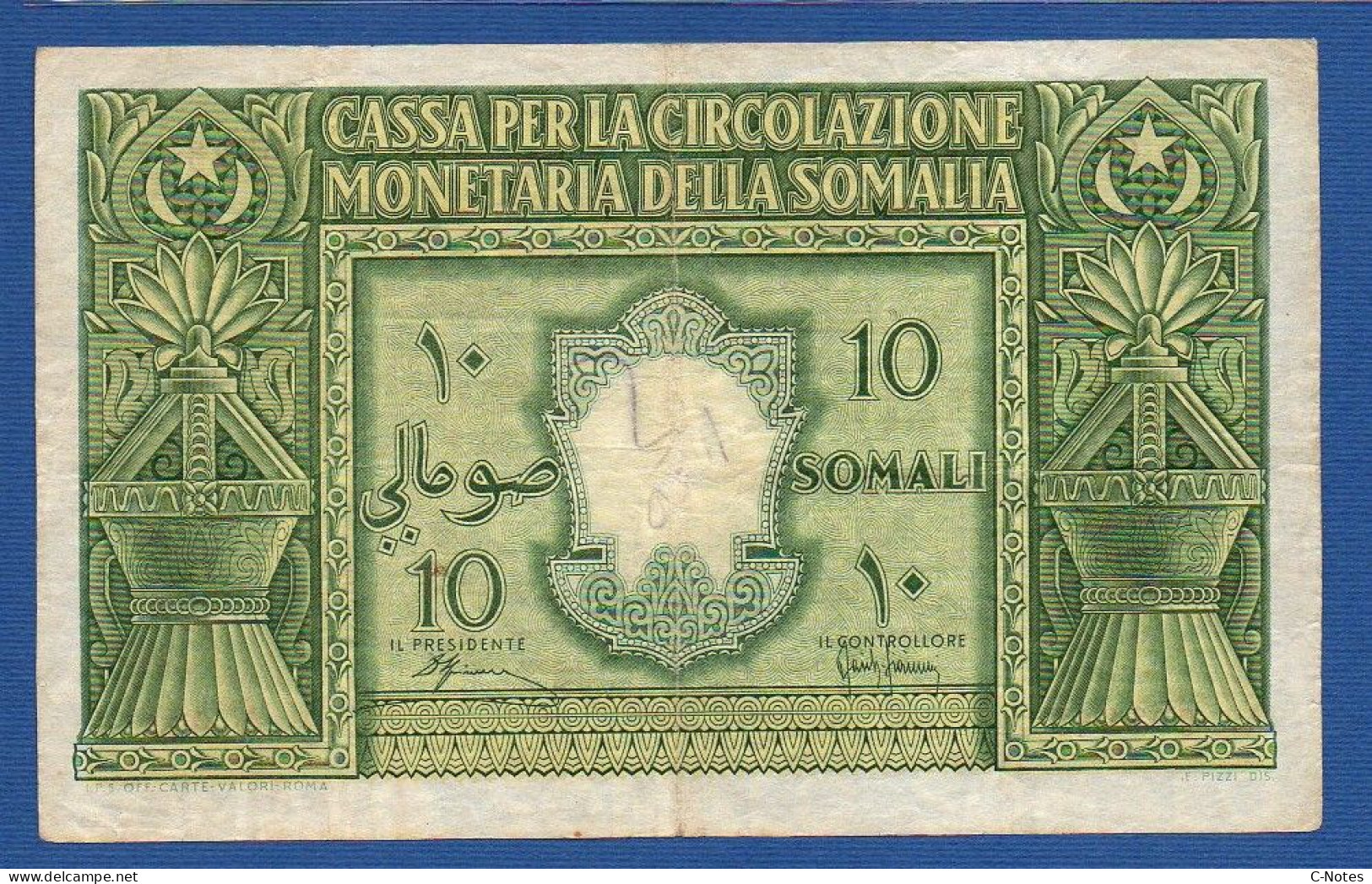 ITALIAN SOMALILAND - P.13a1  – 10 Somali 1950 Circulated / AF, S/n A004 072347 Signatures: Spinelli & Giannini - Somalia