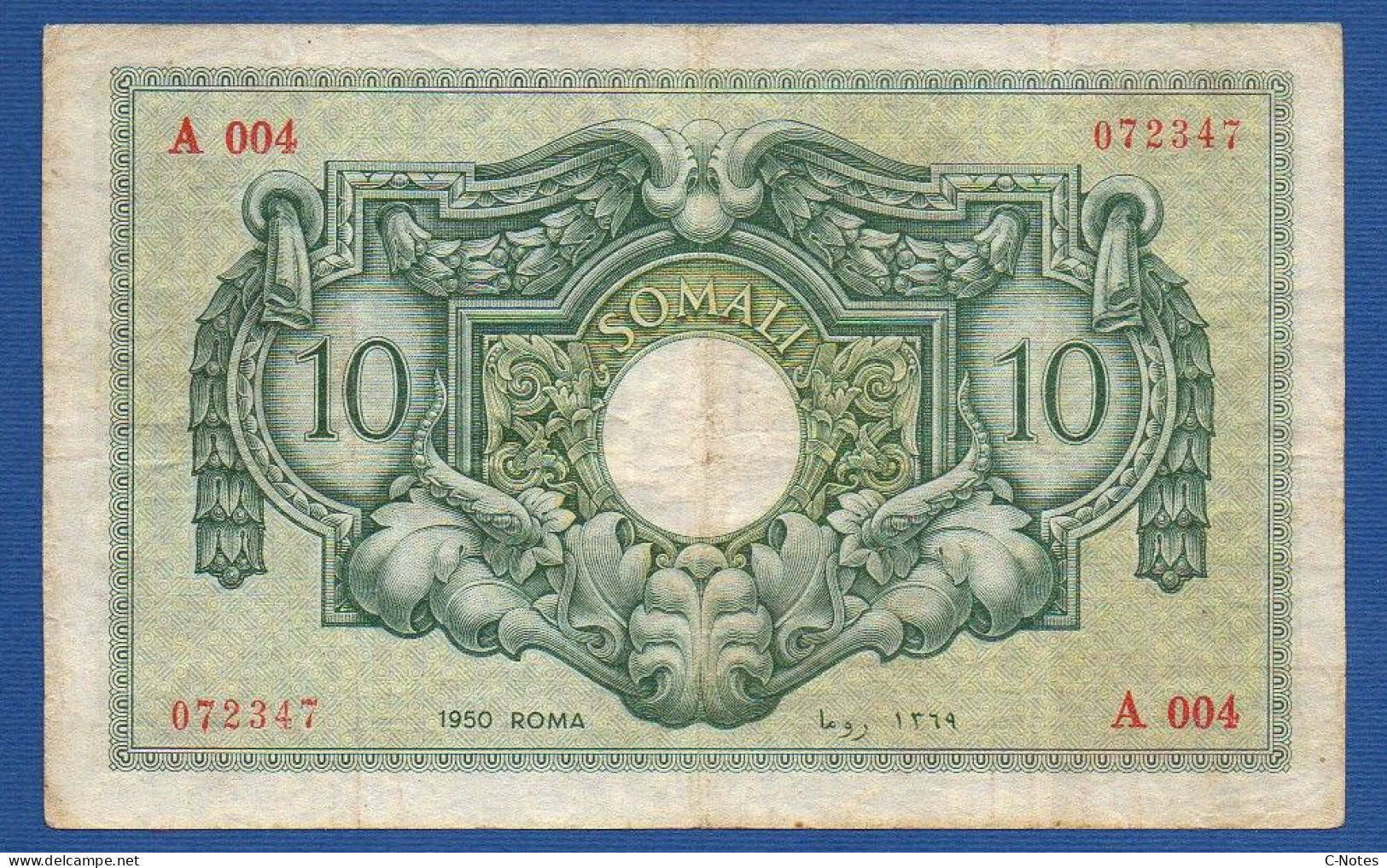 ITALIAN SOMALILAND - P.13a1  – 10 Somali 1950 Circulated / AF, S/n A004 072347 Signatures: Spinelli & Giannini - Somaliland