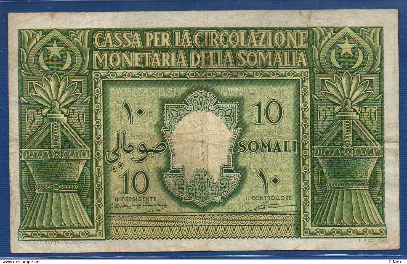 ITALIAN SOMALILAND - P.13a3  – 10 Somali 1950 Circulated / AF, S/n A017 012566 Signatures: Ciancimino & Inserra - Somalie