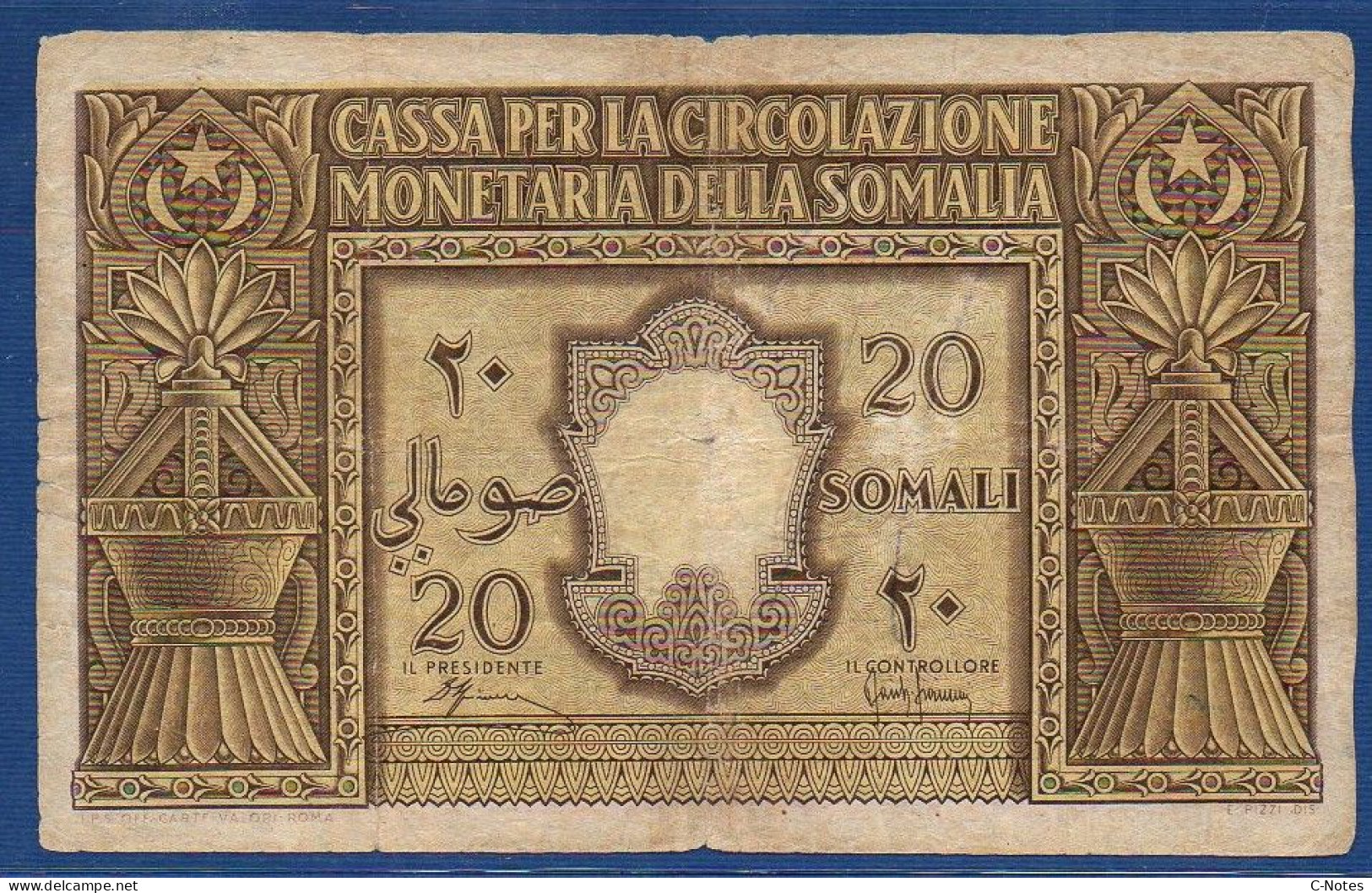 ITALIAN SOMALILAND - P.14a1  – 20 Somali 1950 Circulated / VG/F, S/n A001 004545 Signatures: Spinelli & Giannini - Somalia