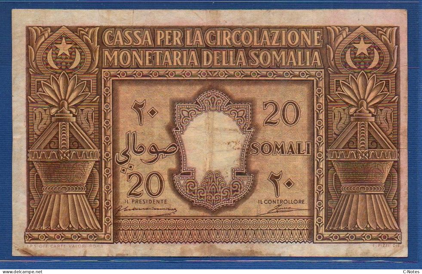 ITALIAN SOMALILAND - P.14a3  – 20 Somali 1950 Circulated / F/VF, S/n A020 033847 Signatures: Ciancimino & Inserra - Somalia