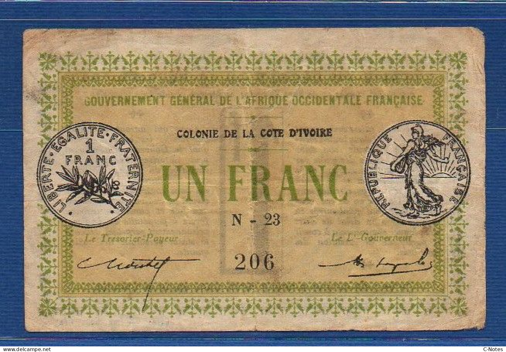 IVORY COAST - P.2b  – 1 Franc 1917 Circulated / F+, S/n N-23 206 - Costa D'Avorio
