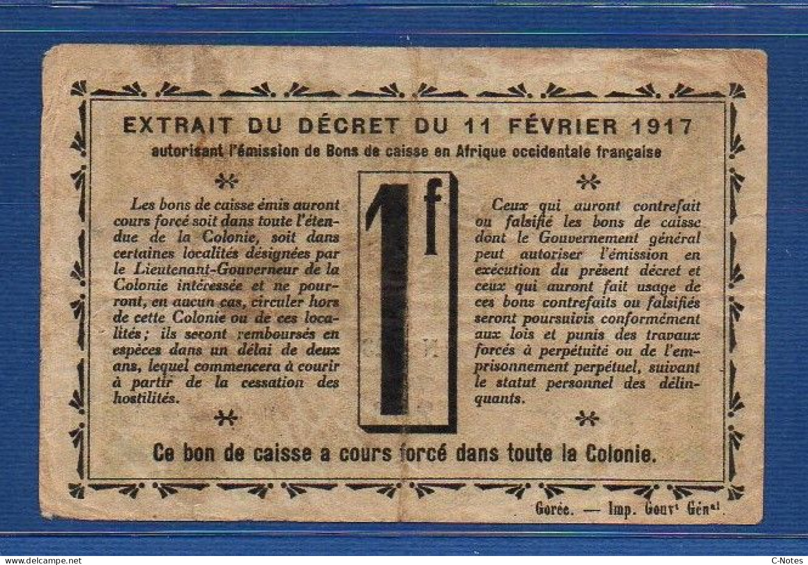 IVORY COAST - P.2b  – 1 Franc 1917 Circulated / F+, S/n N-23 206 - Côte D'Ivoire