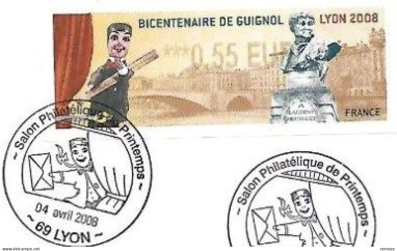 LISA - 2008  - Bicentenaire De Guignol Lyon  ( 0.50 € Sur Enveloppe Avec Cachet 1er Jour ) + 2 Vignettes Vierges - 1999-2009 Viñetas De Franqueo Illustradas