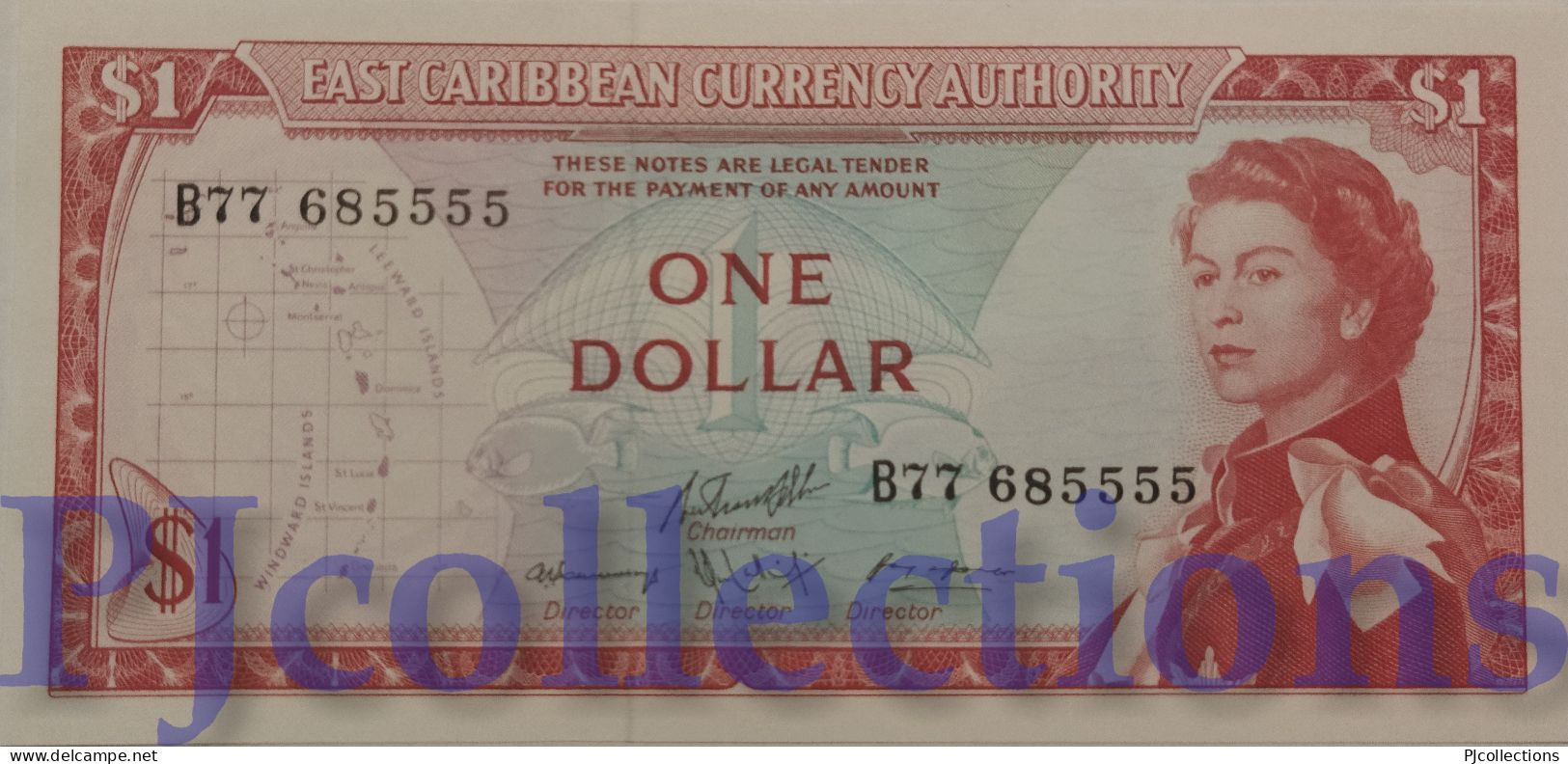 EAST CARIBBEAN 1 DOLLAR 1965 PICK 13F UNC GOOD SERIAL NUMBER "B77685555" - East Carribeans