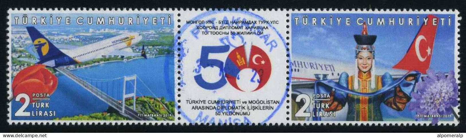 Türkiye 2019 Mi 4528-4529 Diplomacy With Mongolia, Airplane, Bridges, Flower, Camel, Flag, Suit, Costume - Usados