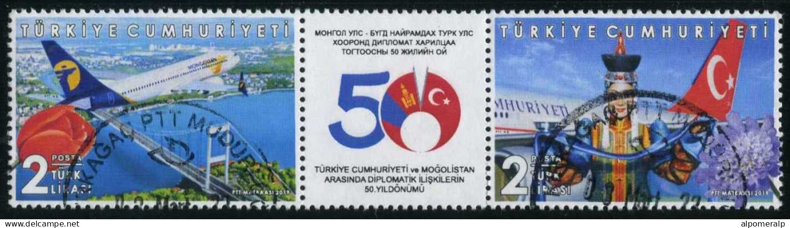 Türkiye 2019 Mi 4528-4529 Diplomacy With Mongolia, Airplane, Bridges, Flower, Camel, Flag, Suit, Costume - Gebraucht