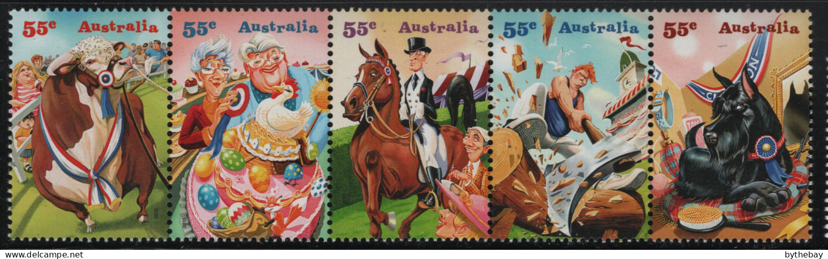 Australia 2010 MNH Sc 3236b 55c Bull, Cake, Horse, Wood Cutting, Dog Strip - Mint Stamps