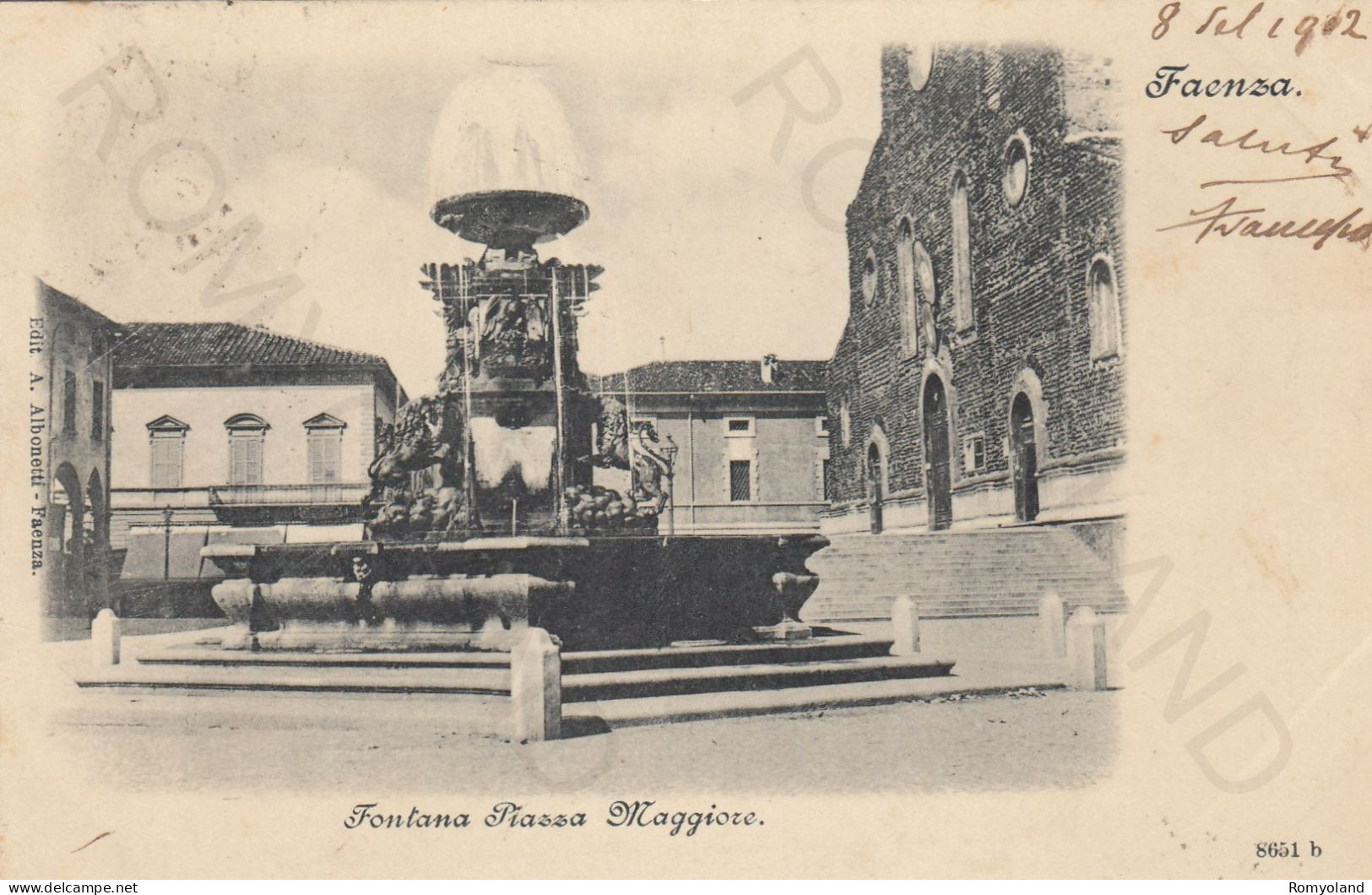CARTOLINA  FAENZA,EMILIA ROMAGNA-FONTANA PIAZZA MAGGIORE-STORIA,MEMORIA,CULTURA,RELIGIONE,IMPERO ROMANO,VIAGGIATA 1902 - Faenza