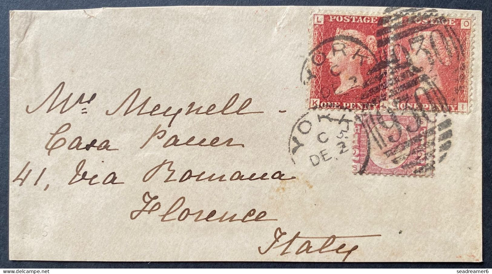 Lettre N°26 X2 1 Penny Rouge Pale + Rouge + N°49 Obl YORK Pour FLORENCE ITALIE TTB - Covers & Documents