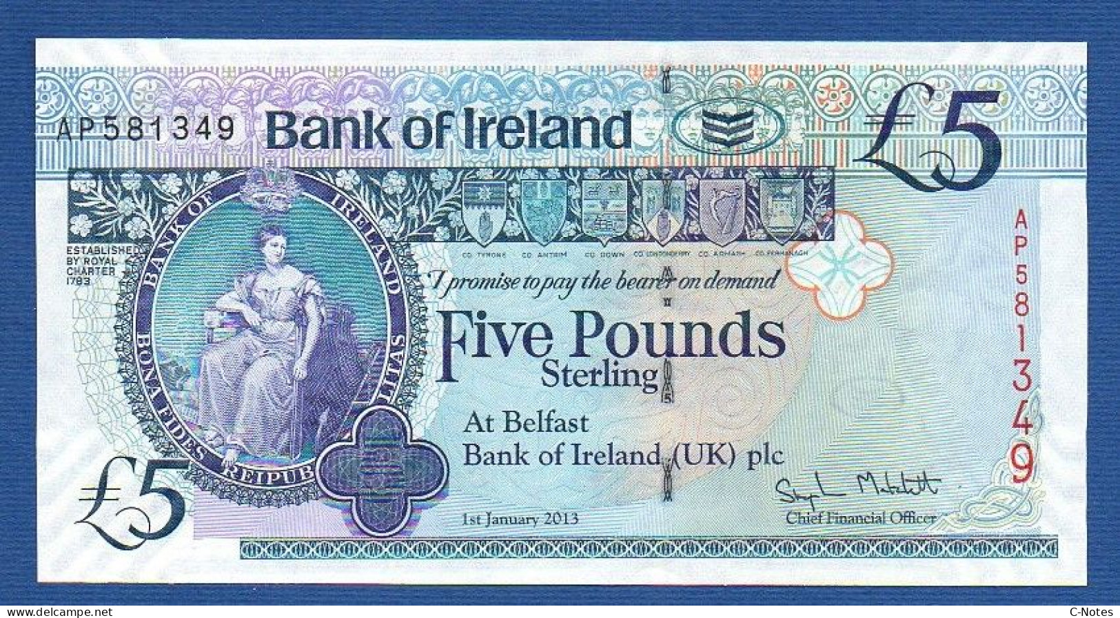 NORTHERN IRELAND - P. 86 – 5 POUNDS 2013 UNC, S/n AP581349  Bank Of Ireland - 5 Pounds