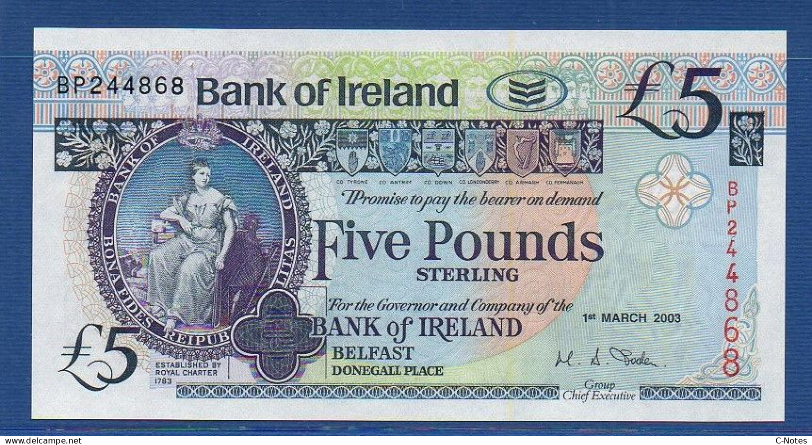 NORTHERN IRELAND - P. 79 – 5 POUNDS 2003 UNC, S/n BP244868  Bank Of Ireland - 5 Pounds