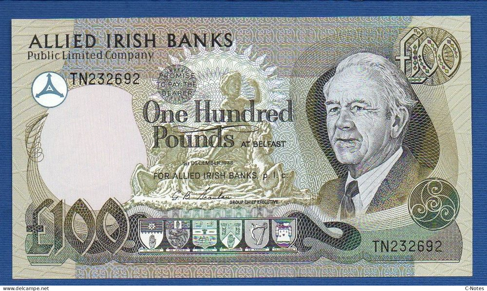 NORTHERN IRELAND - P.  9 – 100 POUNDS 1988 UNC, S/n TN232692  Allied Irish Banks - 100 Pounds