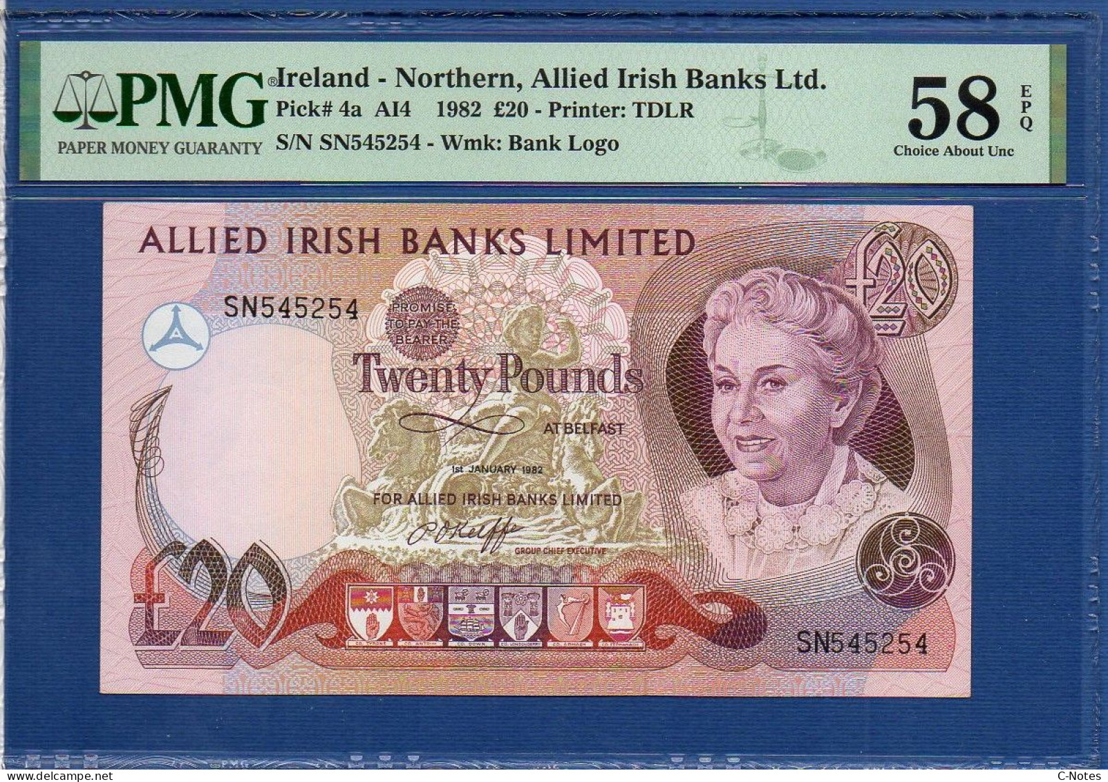 NORTHERN IRELAND - P.  4a – 20 POUNDS 1982 AUNC / PMG 58, S/n SN545254  Allied Irish Banks Limited - 20 Pounds