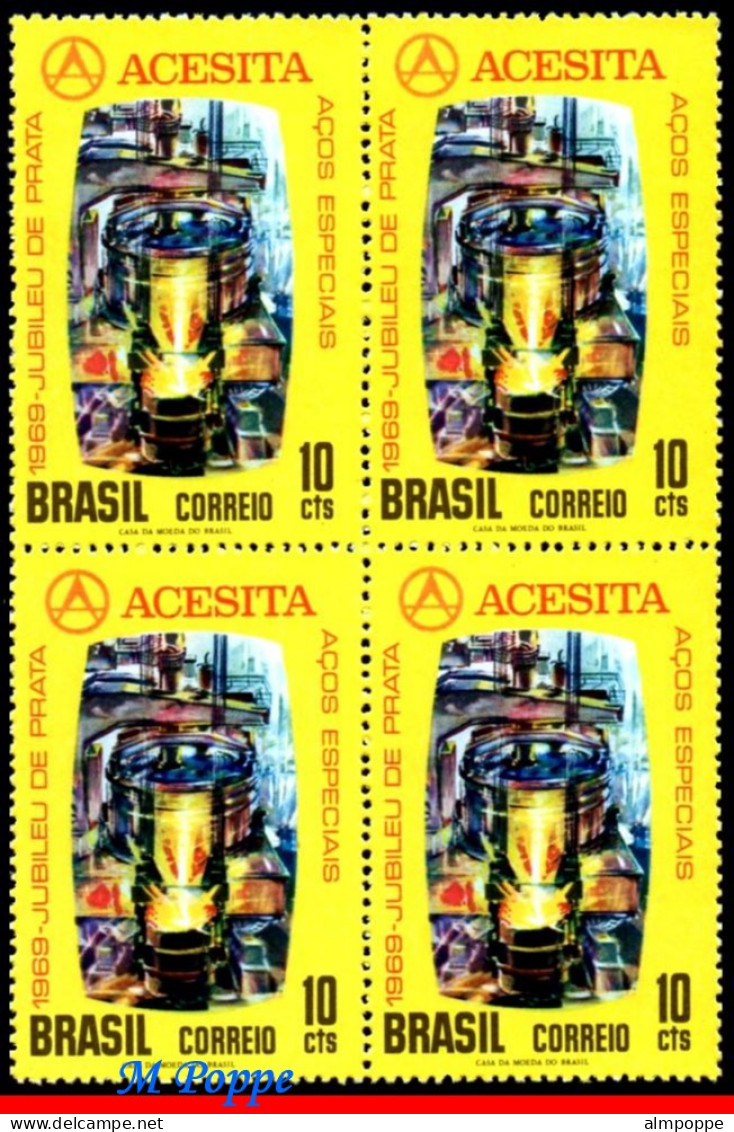 Ref. BR-1140-Q BRAZIL 1969 - 25TH ANNIV. OF ACESITASTEEL WORKS, MI# 1233, BLOCK MNH, INDUSTRY 4V Sc# 1140 - Usines & Industries