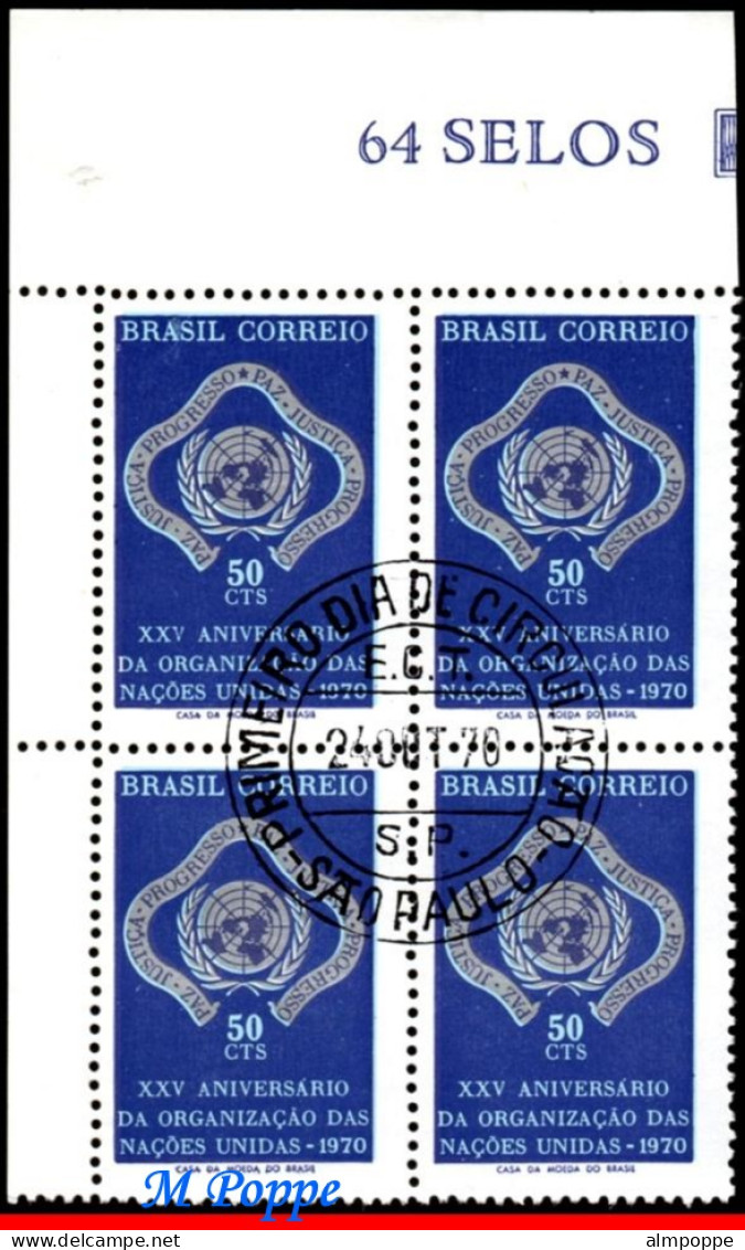 Ref. BR-1175-QC BRAZIL 1970 - 25TH ANNIV.UNITED NATIONS,MI# 1269,BLOCK CANCELED 1ST DAY NH, ONU, UN 4V Sc# 1175 - Usati