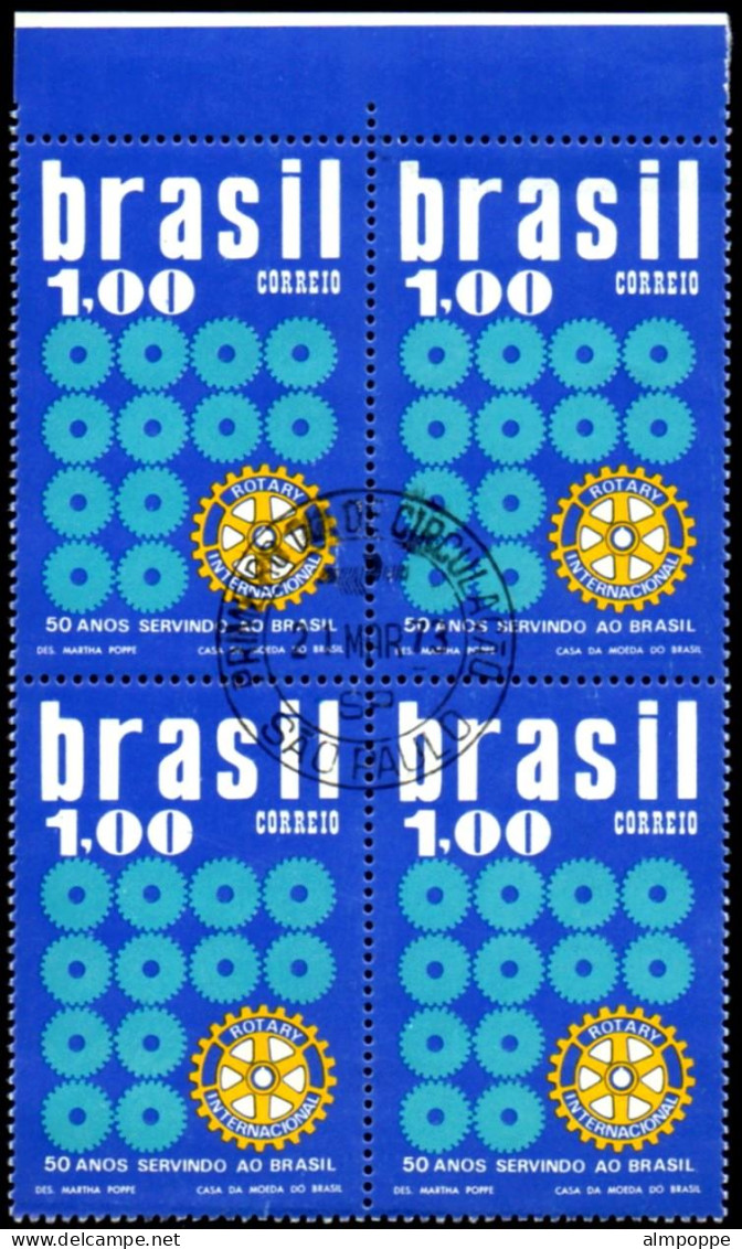 Ref. BR-1276-QC BRAZIL 1973 - EMBLEM AND COGWHEELS,MI# 1360, CANCELED 1ST DAY WITH GUM NH, ROTARY 4V Sc# 1276 - Used Stamps