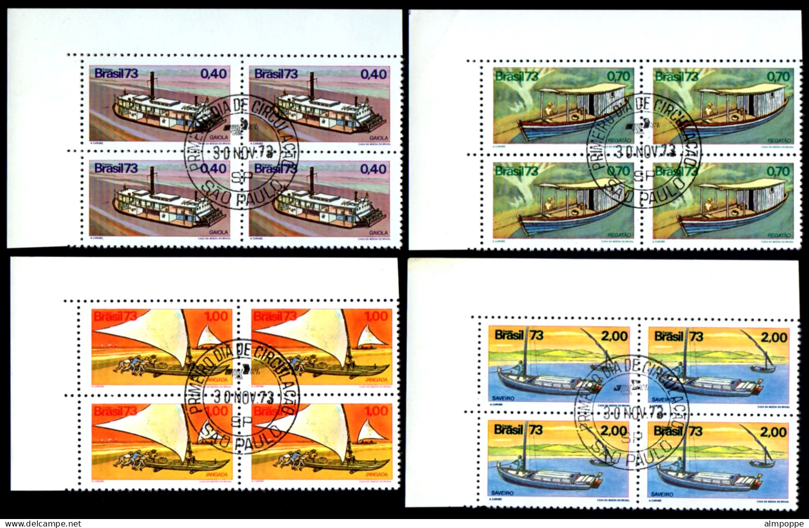 Ref. BR-1322-25-QC BRAZIL 1973 - RIVER BOATS, MI# 1409-12,BLOCKS CANCELED 1� DAY NH, SHIPS, BOATS 16V Sc# 1322-1325 - Usati