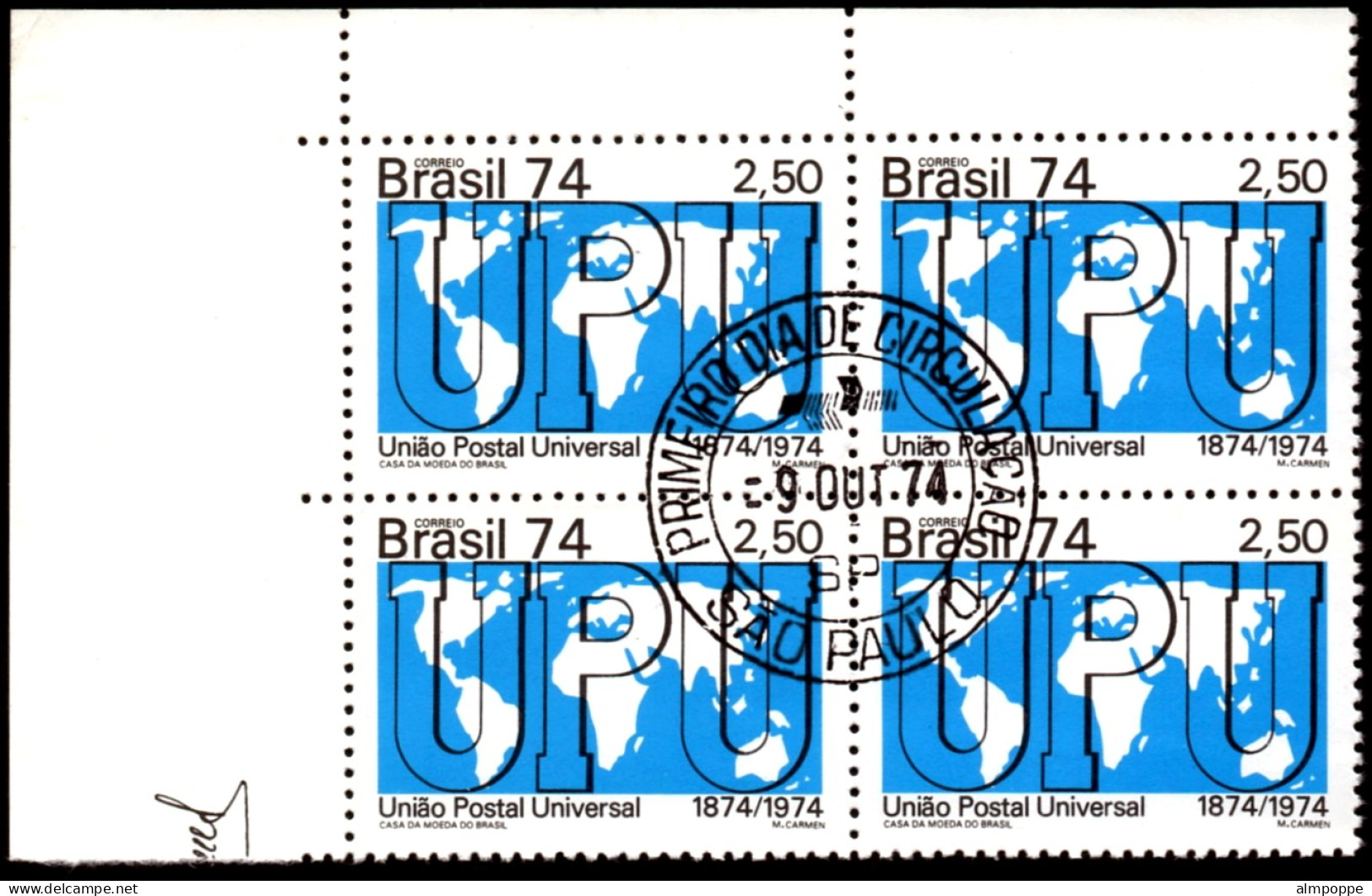 Ref. BR-1361-QC BRAZIL 1974 - UNIVERSAL POSTAL UNION,UPU, MI# 1453, BLOCK CANCELED 1ST DAY NH, POST 1V Sc# 1361 - Gebraucht