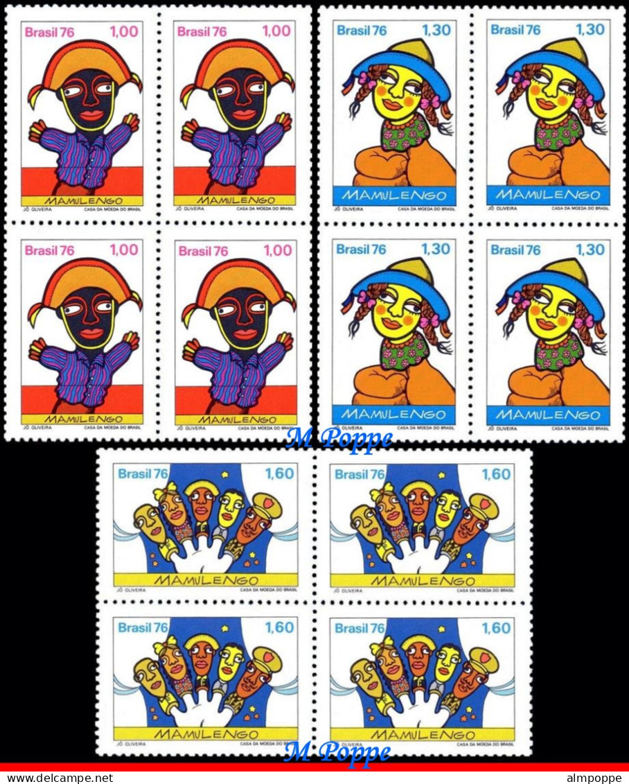 Ref. BR-1469-71-Q BRAZIL 1976 - MAMULENGO PUPPET SHOW,FOLK, MI#1554-56, BLOCKS MNH, THEATERS 12V Sc# 1469-1471 - Puppets