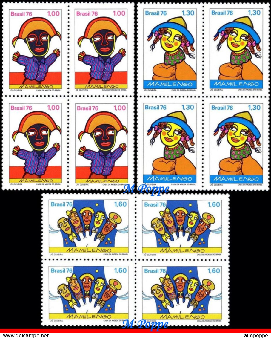 Ref. BR-1469-71-Q BRAZIL 1976 - MAMULENGO PUPPET SHOW,FOLK, MI#1554-56, BLOCKS MNH, THEATERS 12V Sc# 1469-1471 - Marionnettes