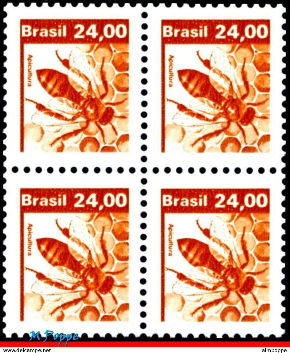 Ref. BR-1668-Q BRAZIL 1982 - ECONOMIC RESOURCES,BEE-KEEPING, BLOCK MNH, INSECTS 4V Sc# 1668 - Abeilles