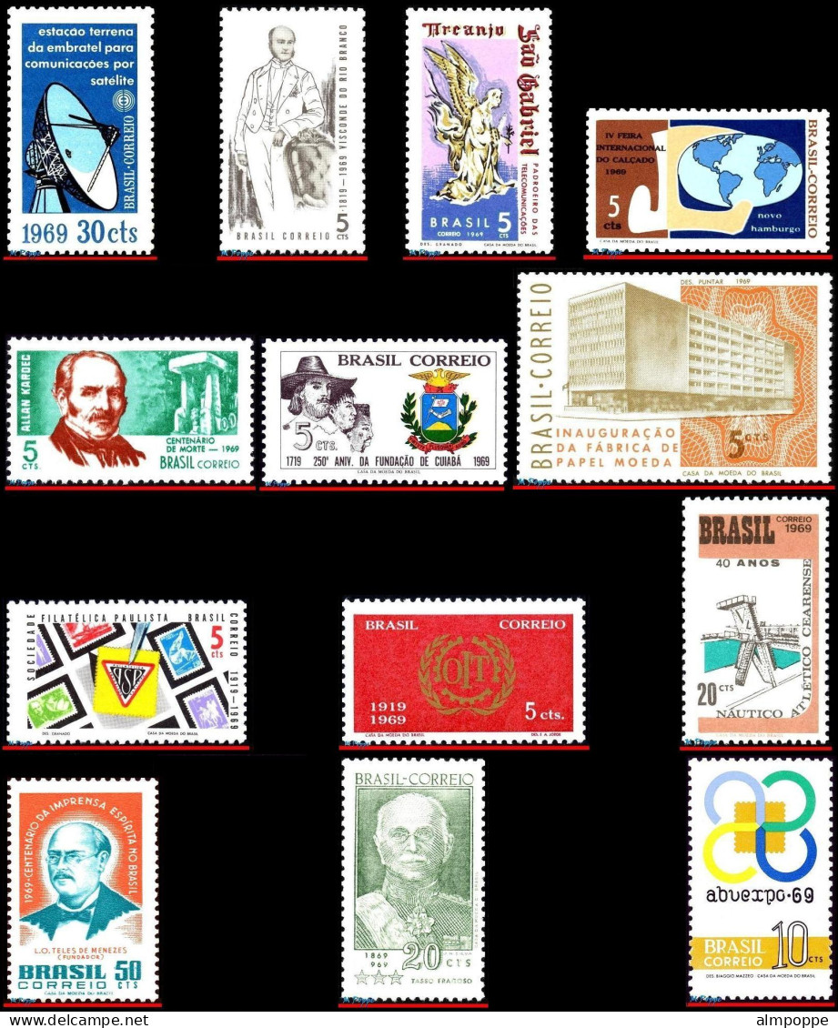 Ref. BR-L1969 BRAZIL 1969 - LOT 13 STAMPS OF 1969,SCOTT VALUE $11.60, ALL MNH VF, . 13V Sc# 1114~1142 - Collections, Lots & Series