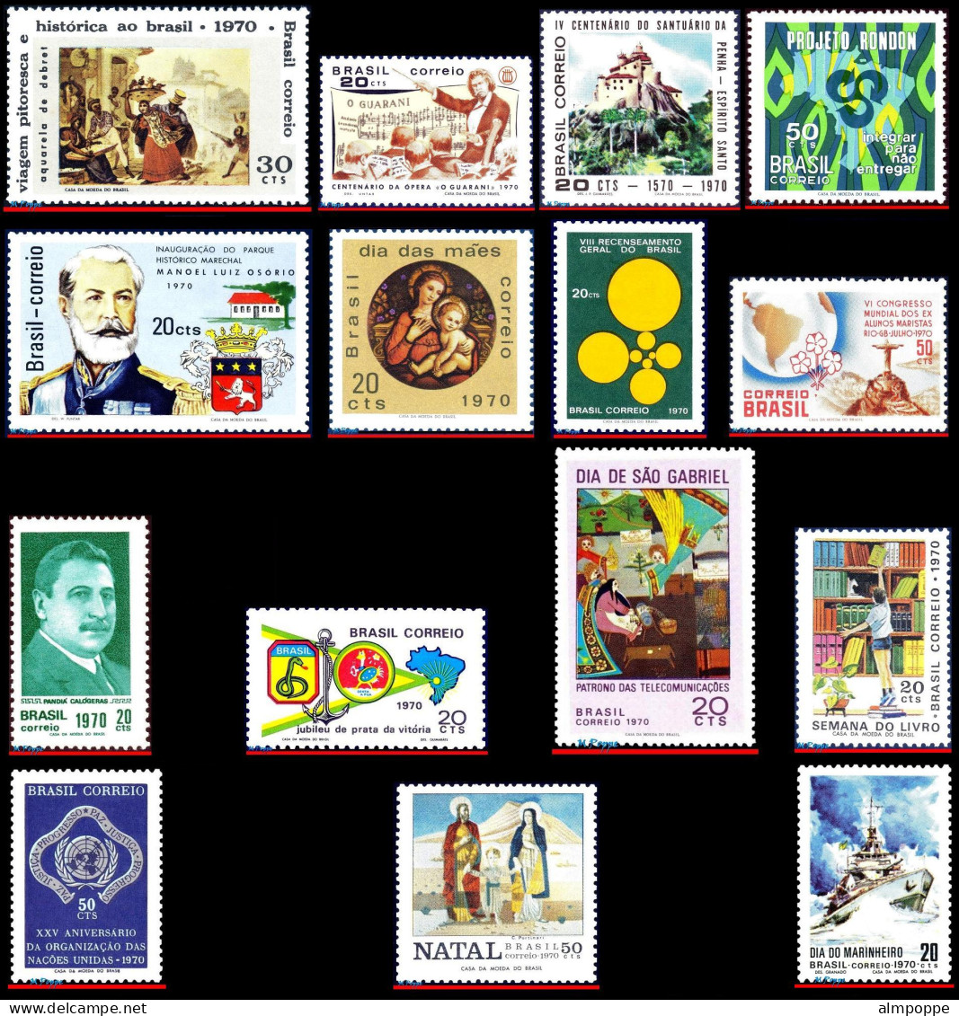 Ref. BR-L1970 BRAZIL 1970 - LOT 15 STAMPS OF 1970,ALL MNH VF, . 15V Sc# 1141A~1180 - Collections, Lots & Series