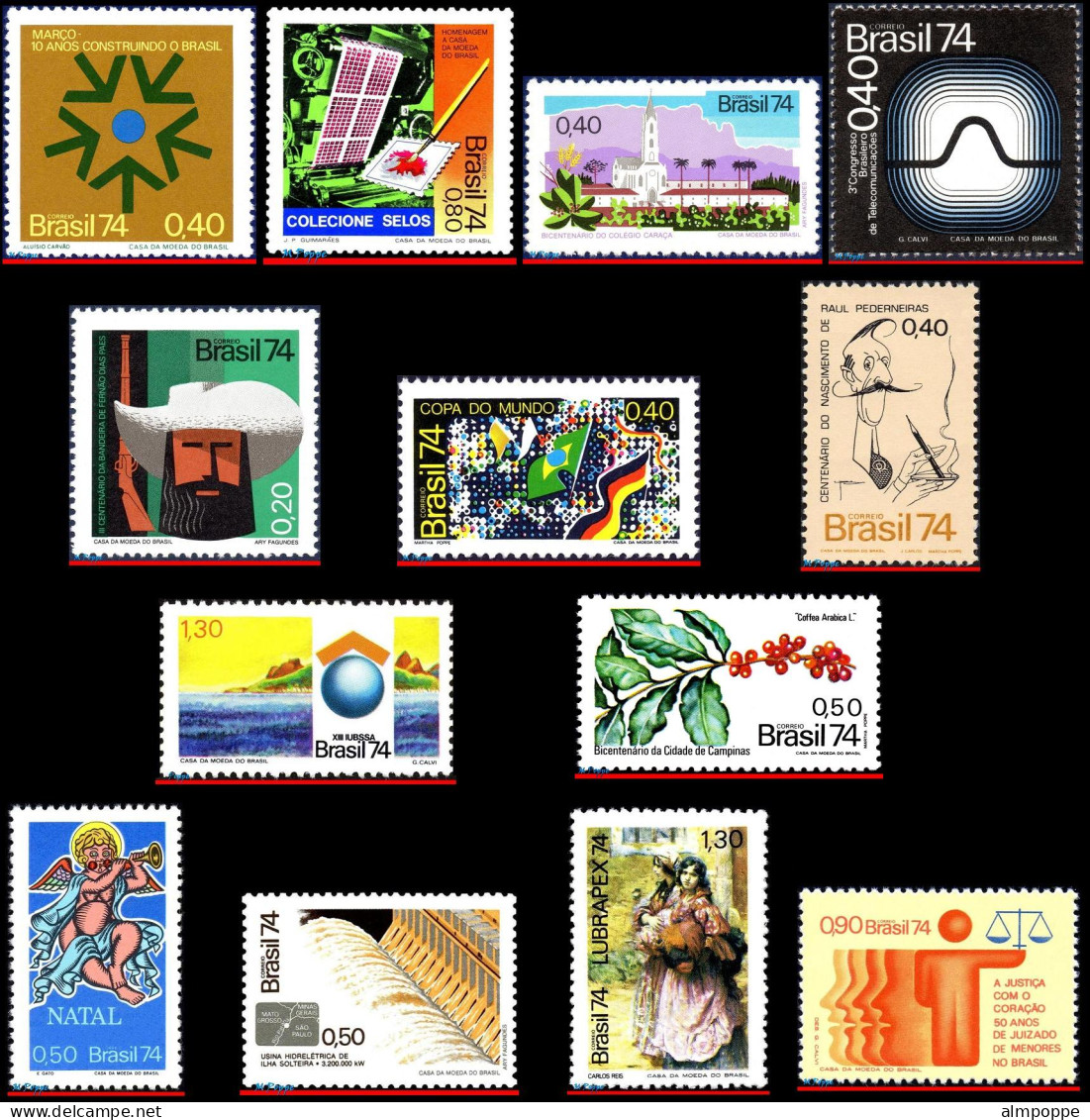 Ref. BR-L1974 BRAZIL 1974 - LOT 13 STAMPS OF 1974,SCOTT VALUE $12.95, ALL MNH VF, . 13V Sc# 1341~1373 - Lots & Serien