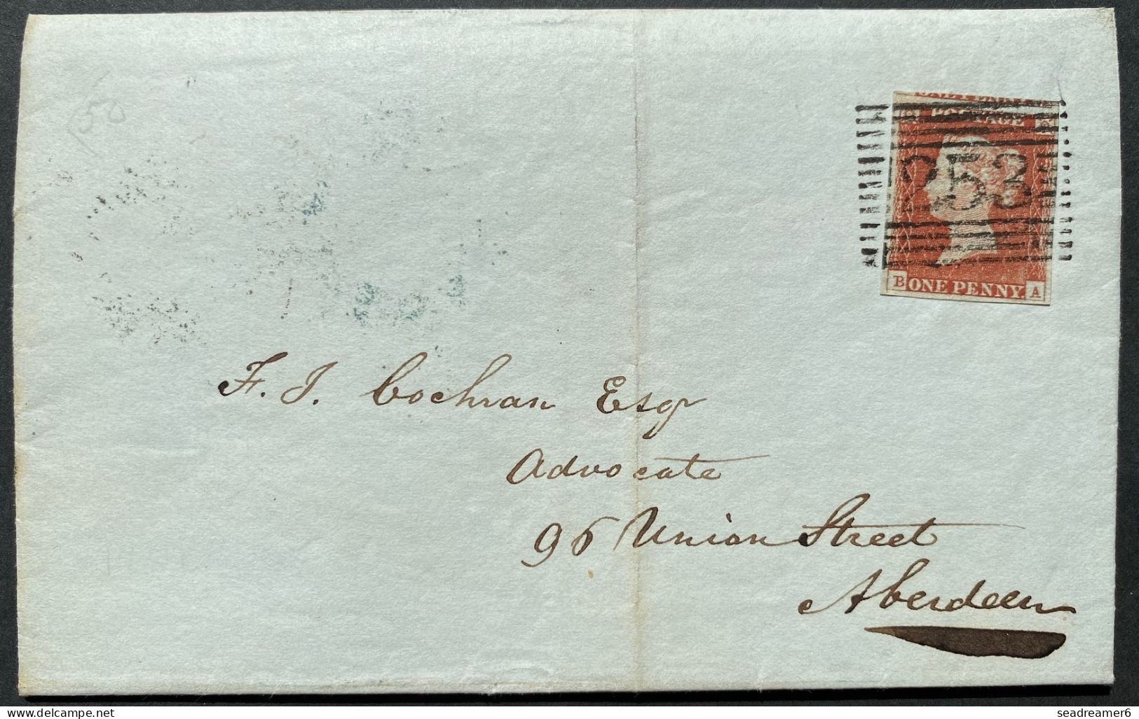 Lettre N°3 1 Penny Rouge Brun PL45 Lettre BA Obl Number 253 De "MOSSAT AND MILLPORT" Ecosse Pour ABERDEEN SUPERBE - Lettres & Documents