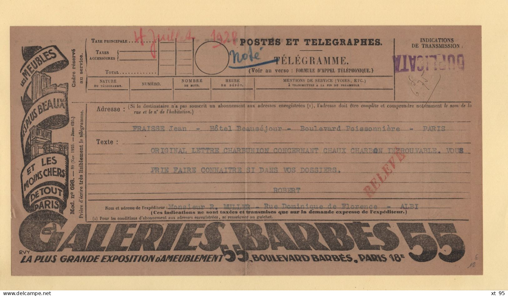 Telegramme Illustre - Galeries Barbes - 1928 - Duplicata - Telegraphie Und Telefon