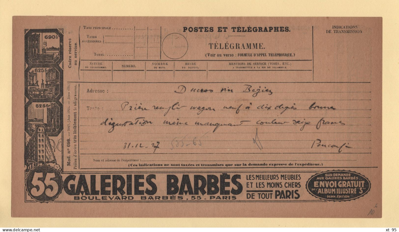 Telegramme Illustre - Galeries Barbes - 1927 - Beziers - Telegramas Y Teléfonos