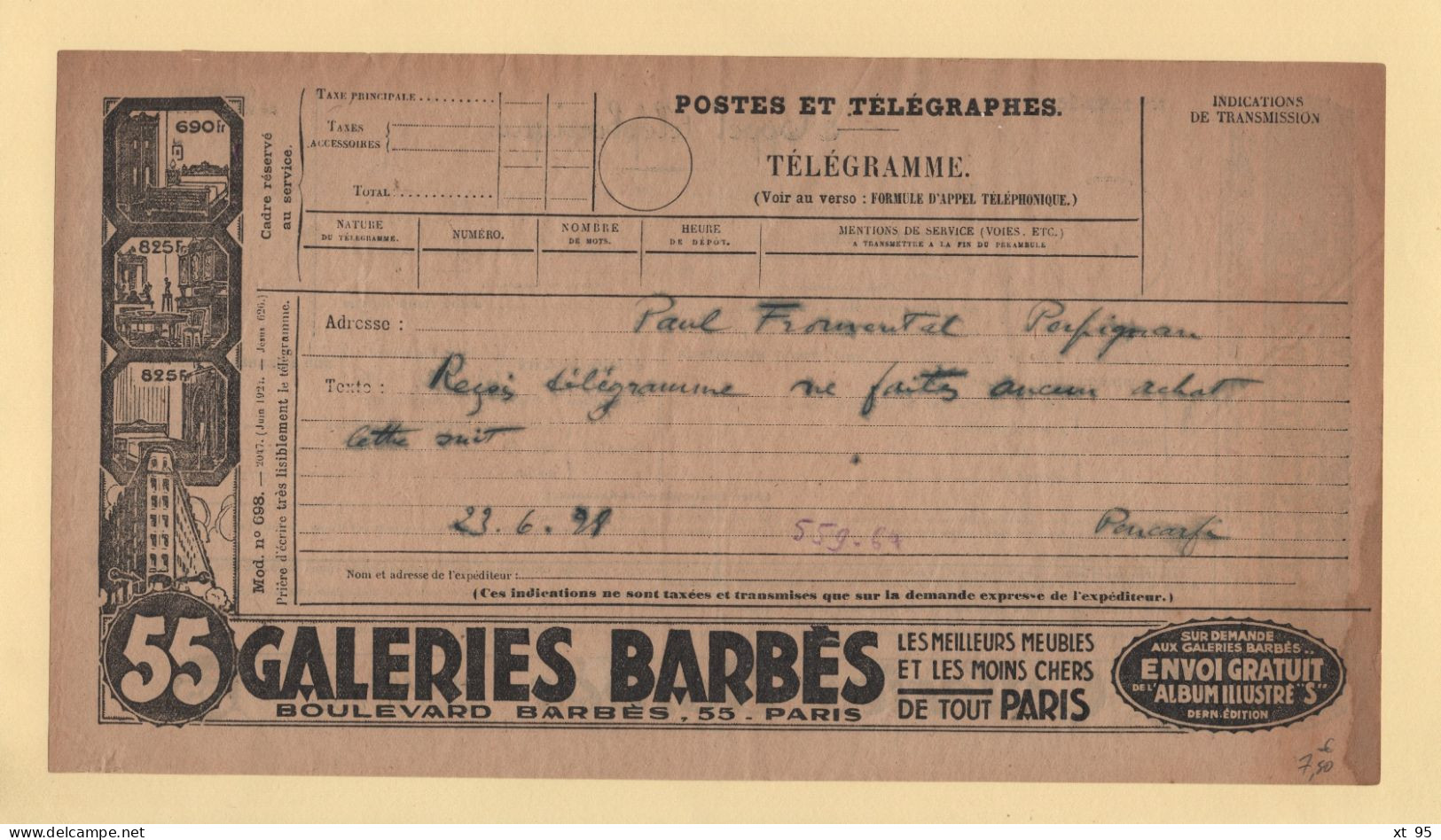Telegramme Illustre - Galeries Barbes - 1928 - Perpignan - Telegraaf-en Telefoonzegels