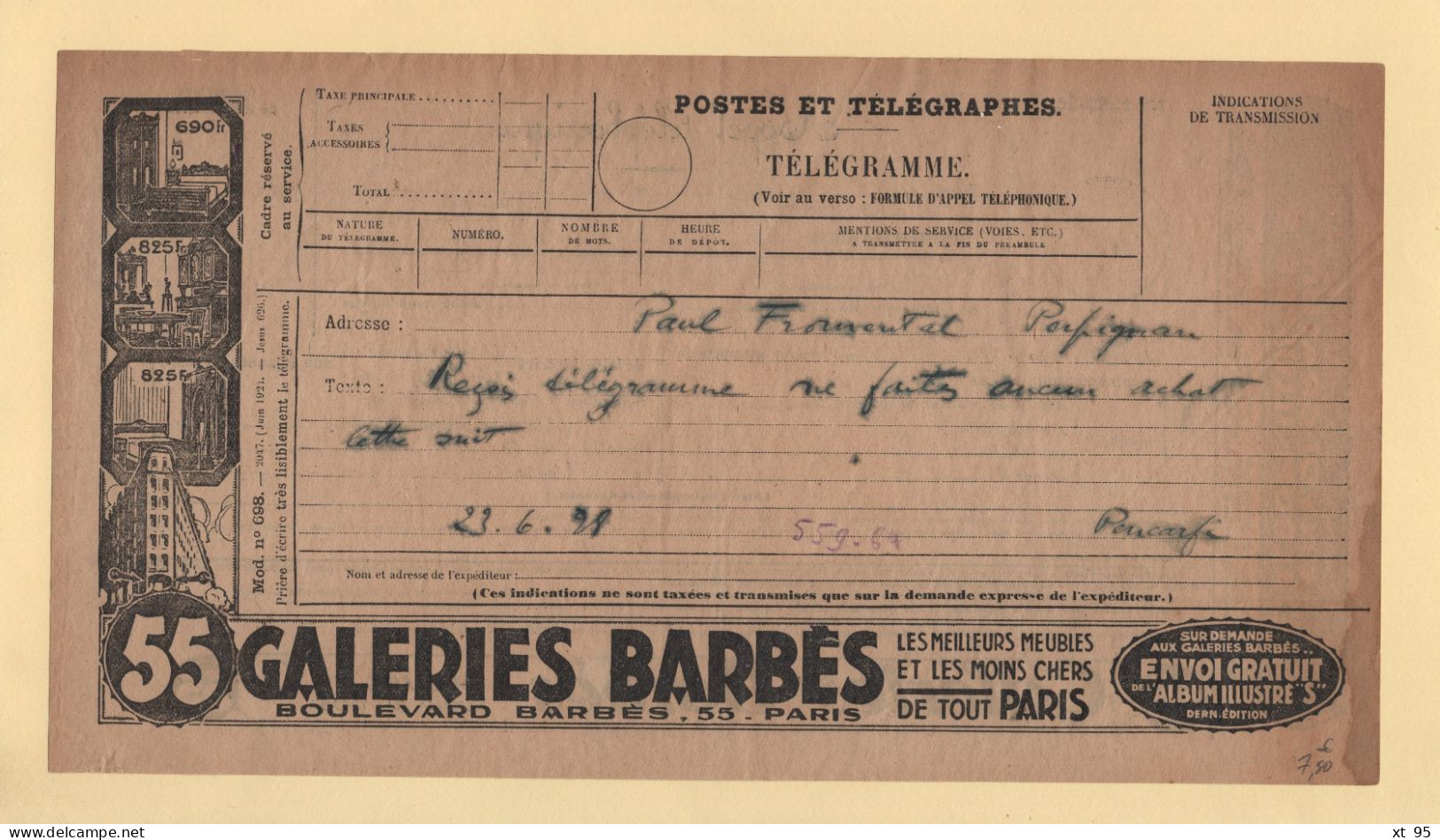 Telegramme Illustre - Galeries Barbes - 1928 - Perpignan - Télégraphes Et Téléphones