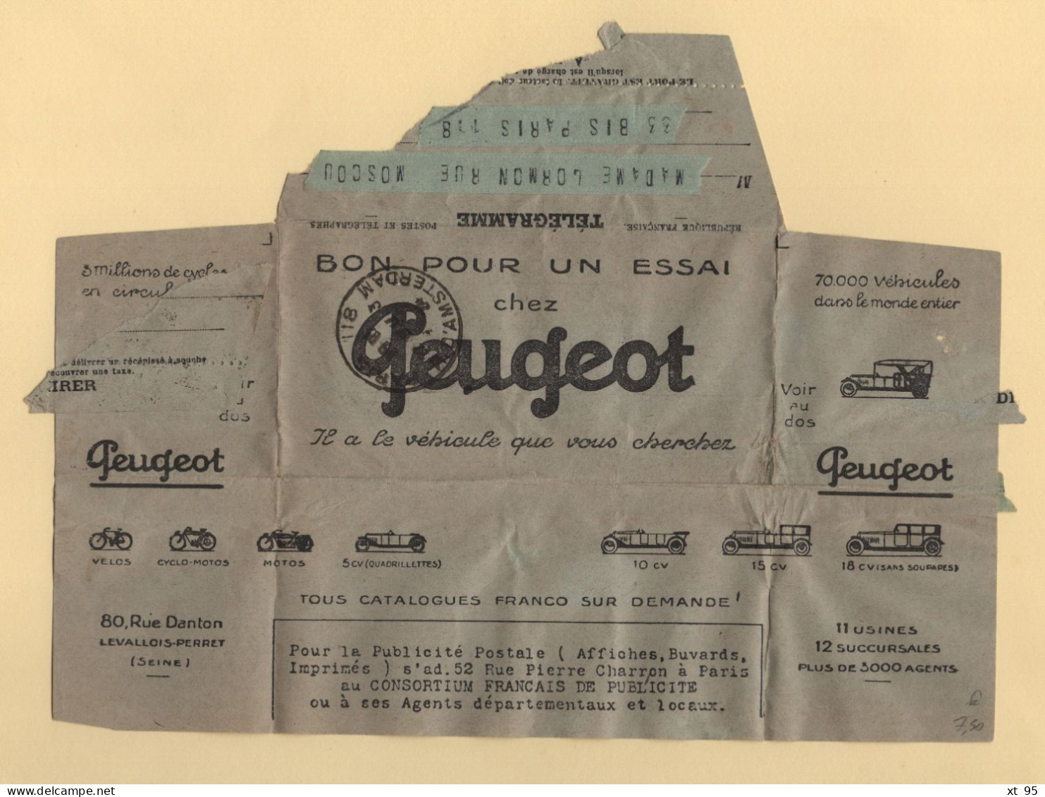 Telegramme Illustre - Peugeot - 1924 - Concarneau - Telegraphie Und Telefon