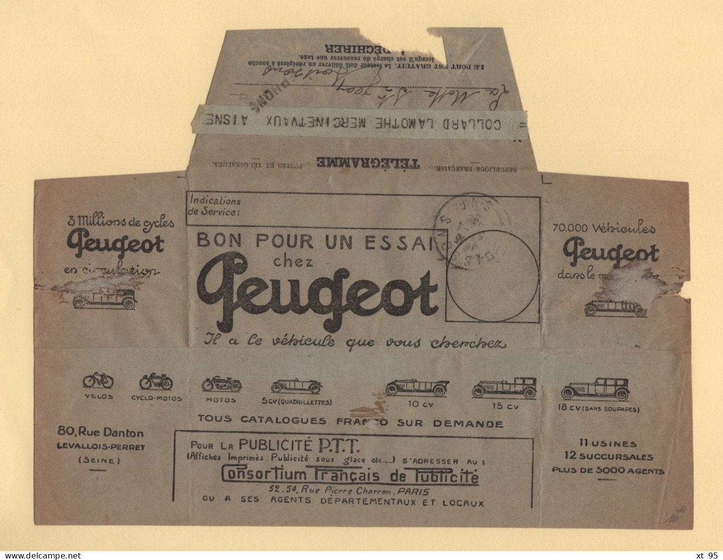 Telegramme Illustre - Peugeot - 1928 - Telephone - Versailles Soissons Aisne - Télégraphes Et Téléphones