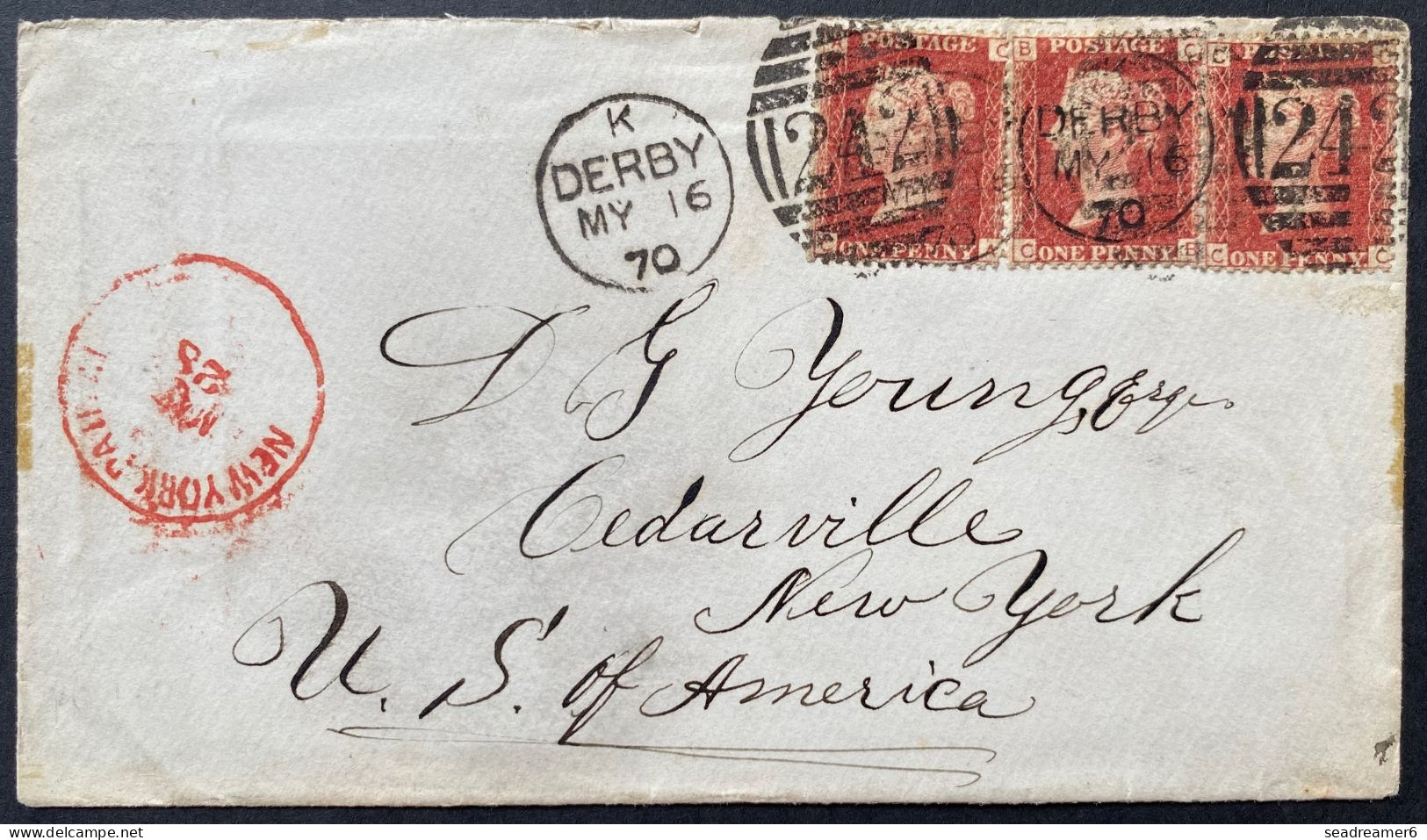 Lettre N°26 X3 1 Penny Oblitérés Dupleix De DERBY 242 Pour NEW YORK USA, Dateur " NY Paid " TTB - Lettres & Documents