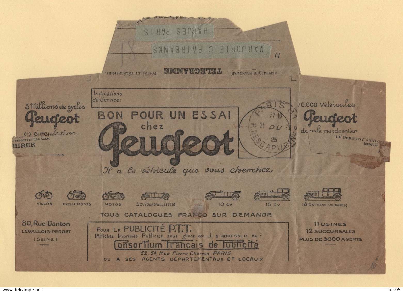 Telegramme Illustre - Peugeot - 1925 - Cambridge Massachusetts - Via Western Union - Télégraphes Et Téléphones