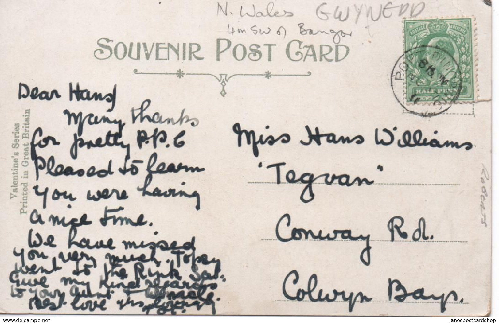 VAYNOL HALL - PORT DINORWIC - GWYNEDD - WALES WITH GOOD PORT DINORWIC POSTMARK - 1911 - Gwynedd