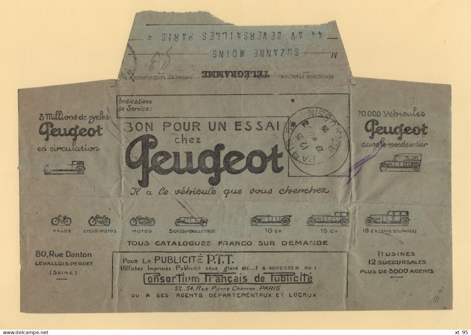 Telegramme Illustre - Peugeot - 1925 - Mascara Algerie - Telegraaf-en Telefoonzegels