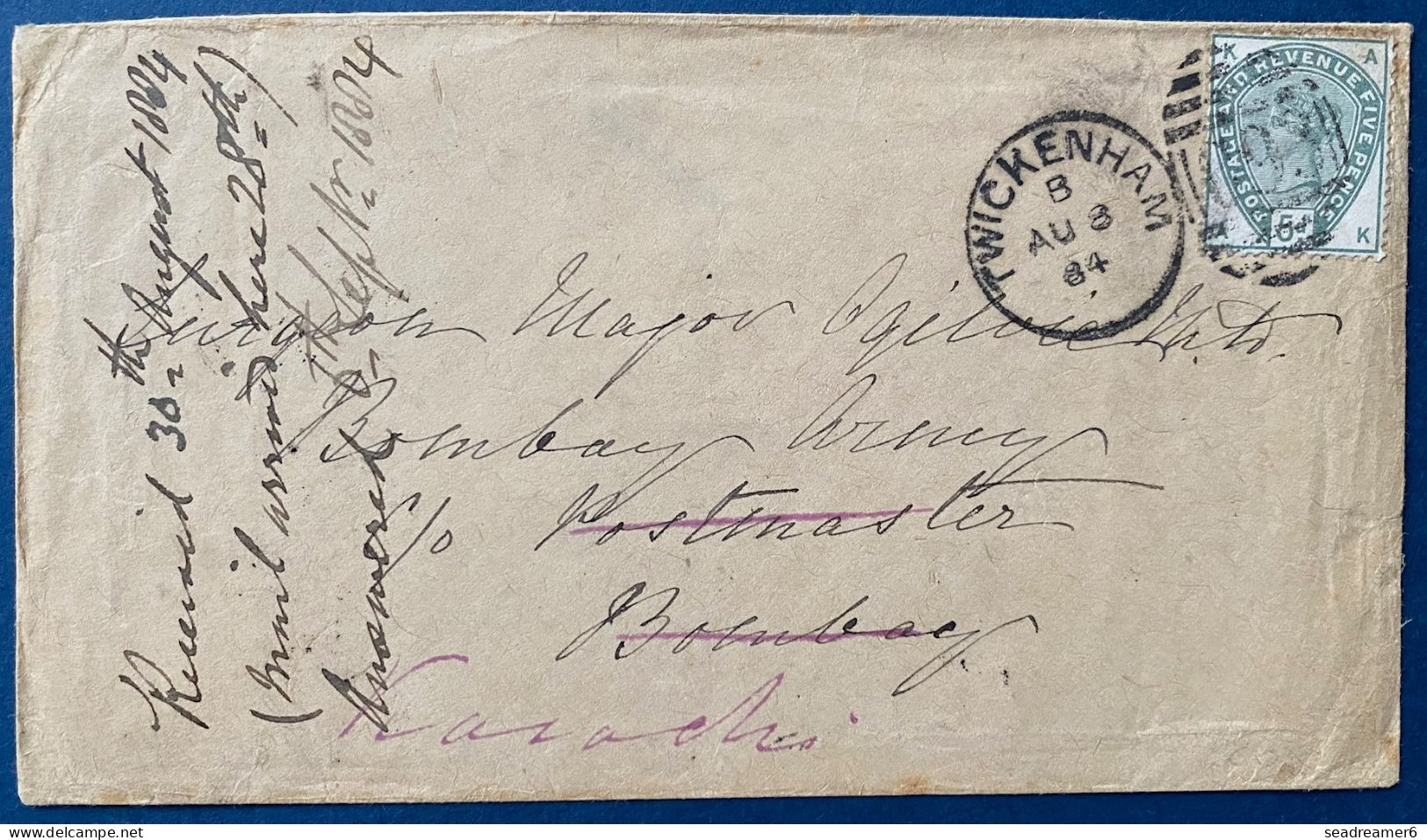 Lettre N°82 5d Vert Oblitéré Aout 1884 Dateur Dupleix TWICKENHAM C93 Pour BOMBAY Puis Réexpédié à KARACKI ! Rare - Lettres & Documents