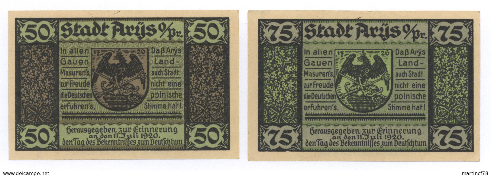 Notgeld Stadt Arys Ostpreußen 1921 Orzysz 50 Pfennig + 75 Pfennig Masovia Lebe Mein Heimatland - Collections