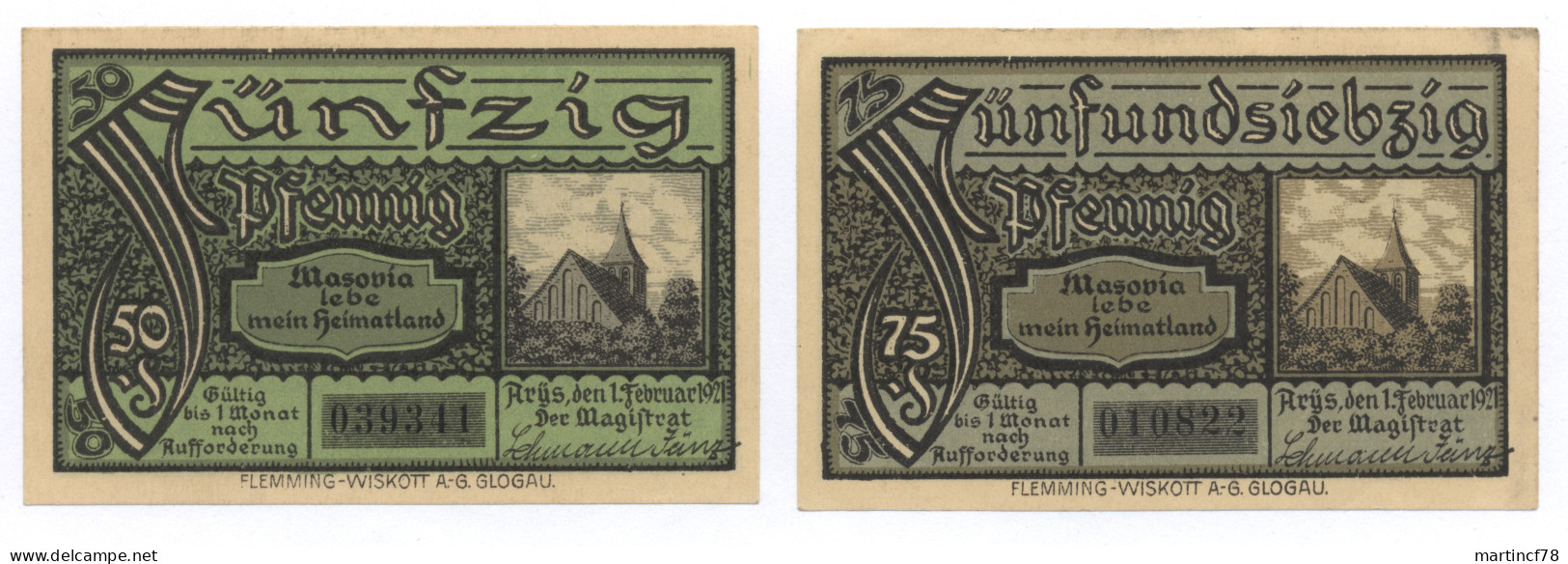 Notgeld Stadt Arys Ostpreußen 1921 Orzysz 50 Pfennig + 75 Pfennig Masovia Lebe Mein Heimatland - Sammlungen