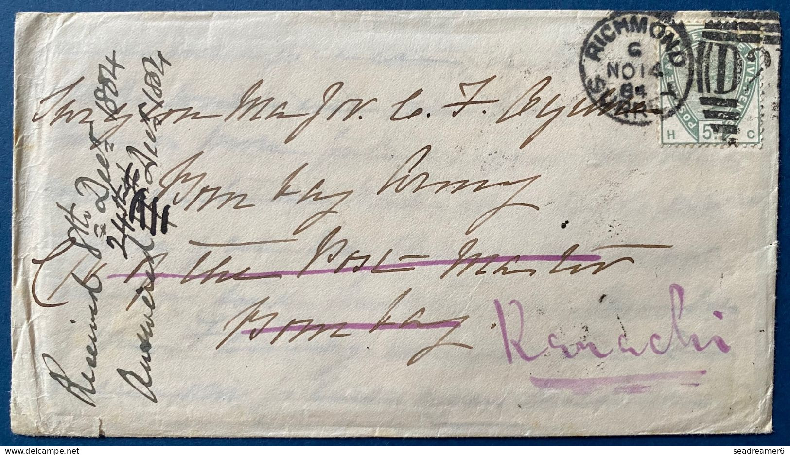 Lettre N°82 5d Vert Oblitéré Nov 1884 Dateur Dupleix RICHMOND D21 Pour BOMBAY Puis Réexpédié à KARACKI ! Rare - Briefe U. Dokumente