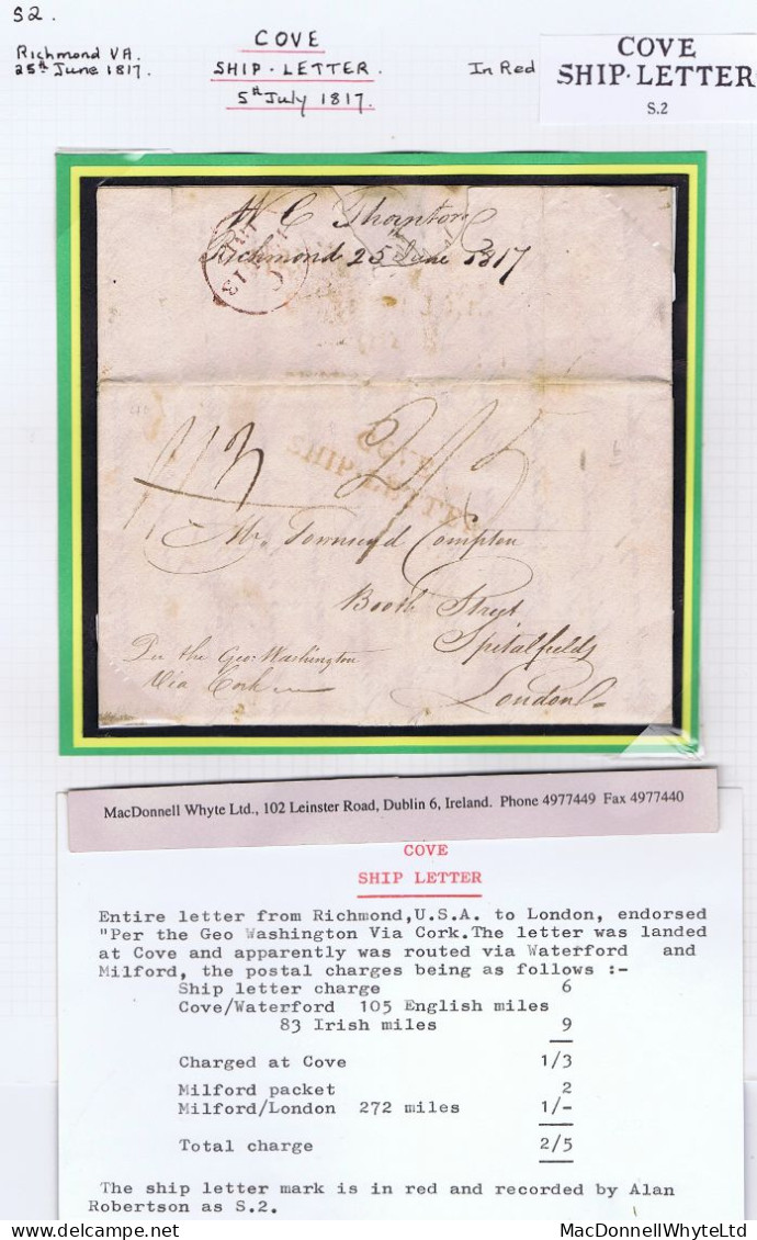 Ireland Cork Maritime 1817 Letter Richmond USA To London With COVE/SHIP-LETTER In Orange, "via Cork" - Prephilately