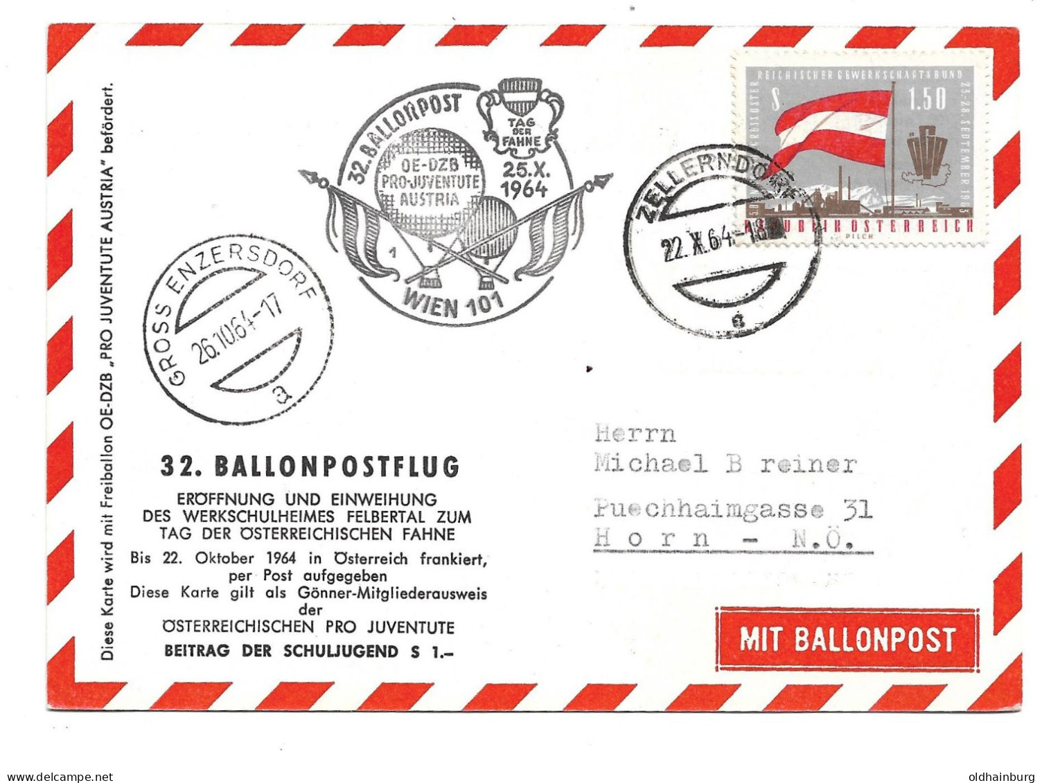 2307b: Österreich 1964, Ballonfahrt Zum Nationalfeiertag, Spruch Friedrich Schiller, Groß Enzersdorf- Zellerndorf - Gänserndorf