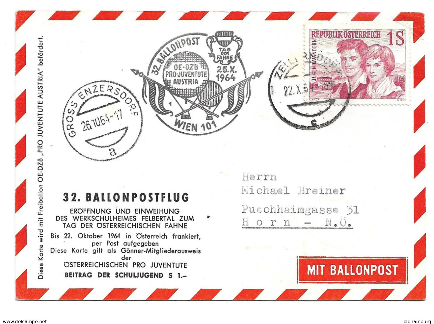 2307a: Österreich 1964, Ballonfahrt Zum Nationalfeiertag, Spruch Friedrich Schiller, Groß Enzersdorf- Zellerndorf - Hollabrunn