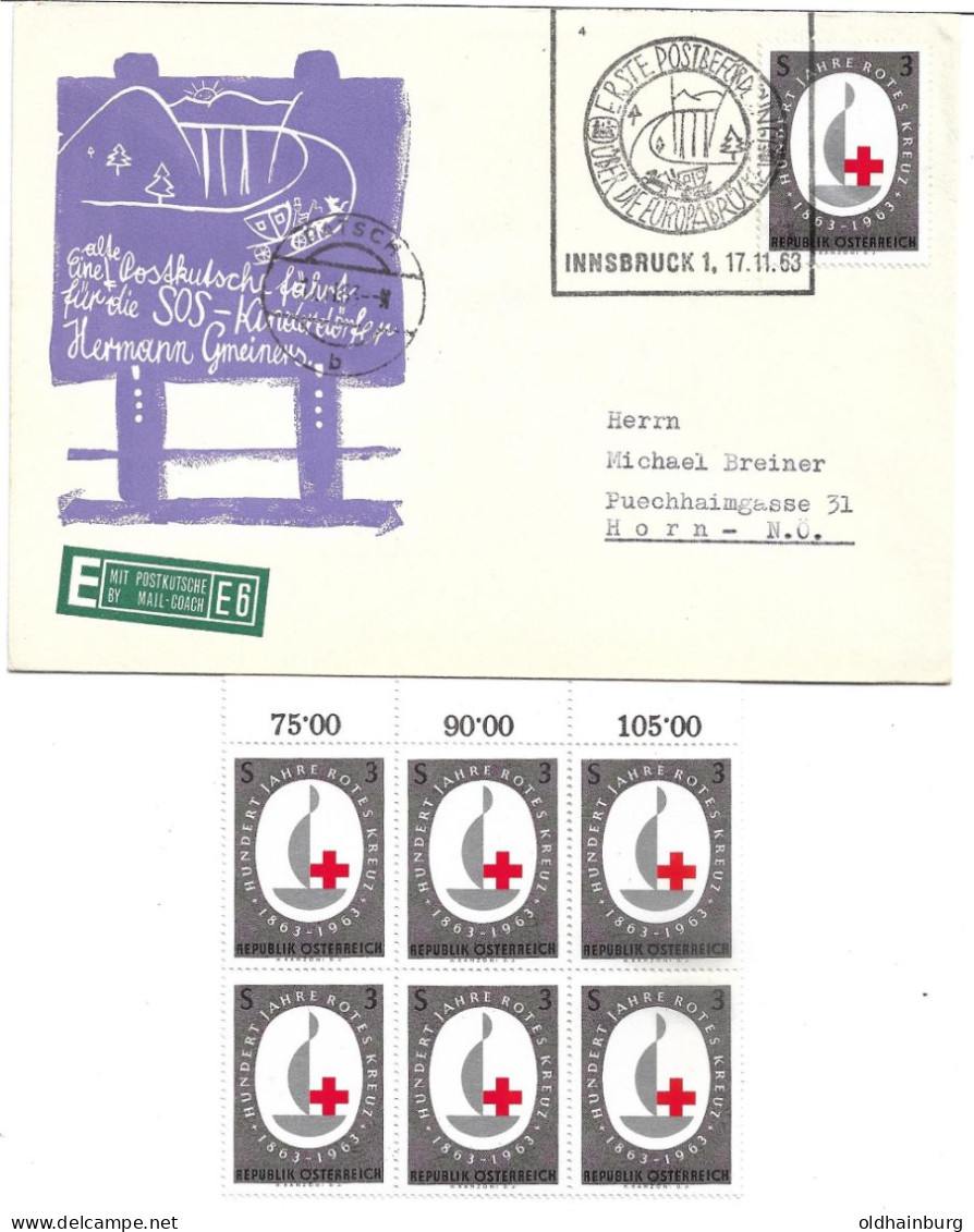 2308a: Österreich 1963, Postkutsche Hermann Gmeiner, Frankatur Rotes Kreuz+ Sechserblock ** - Erste Hilfe